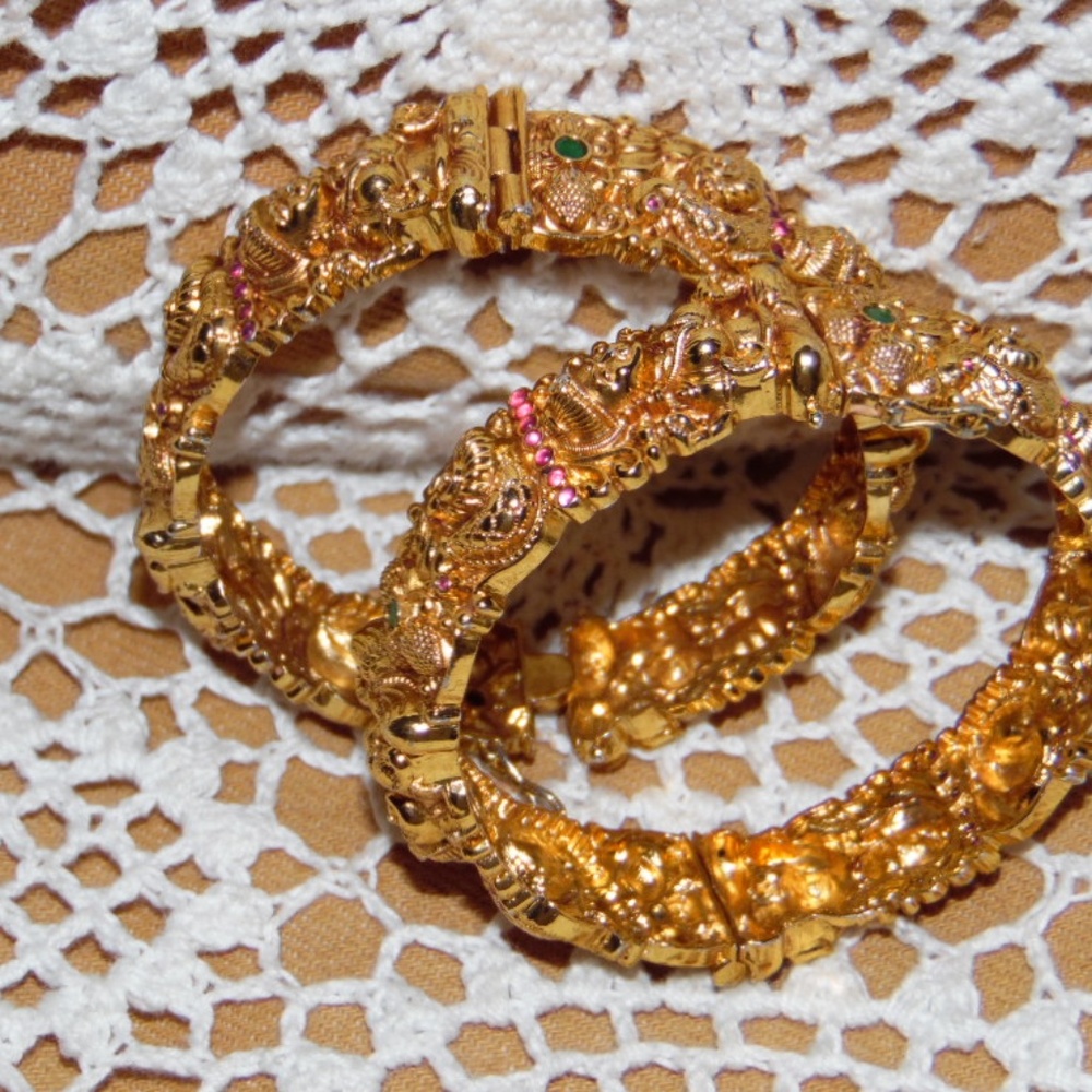 Vintage Set Of 2 Goddess Lakshmi Gold Plated Bangle Bracelets
